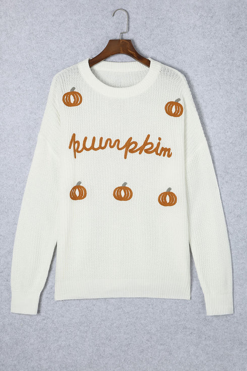 White Pumpkin Yarn Stitch Ribbed Knit Sweater